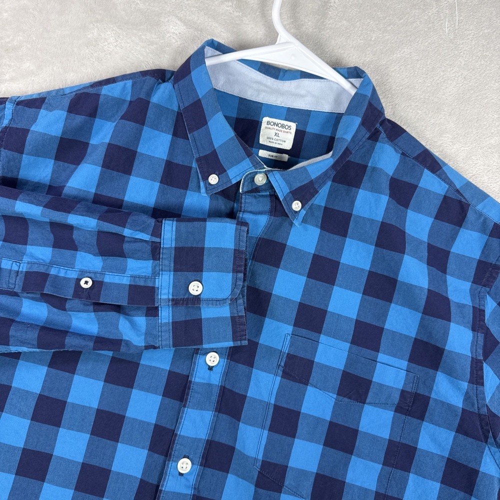 Bonobos Slim Fit Shirt Teal Blue Plaid Cotton Button Down Mens XLarge Modern .